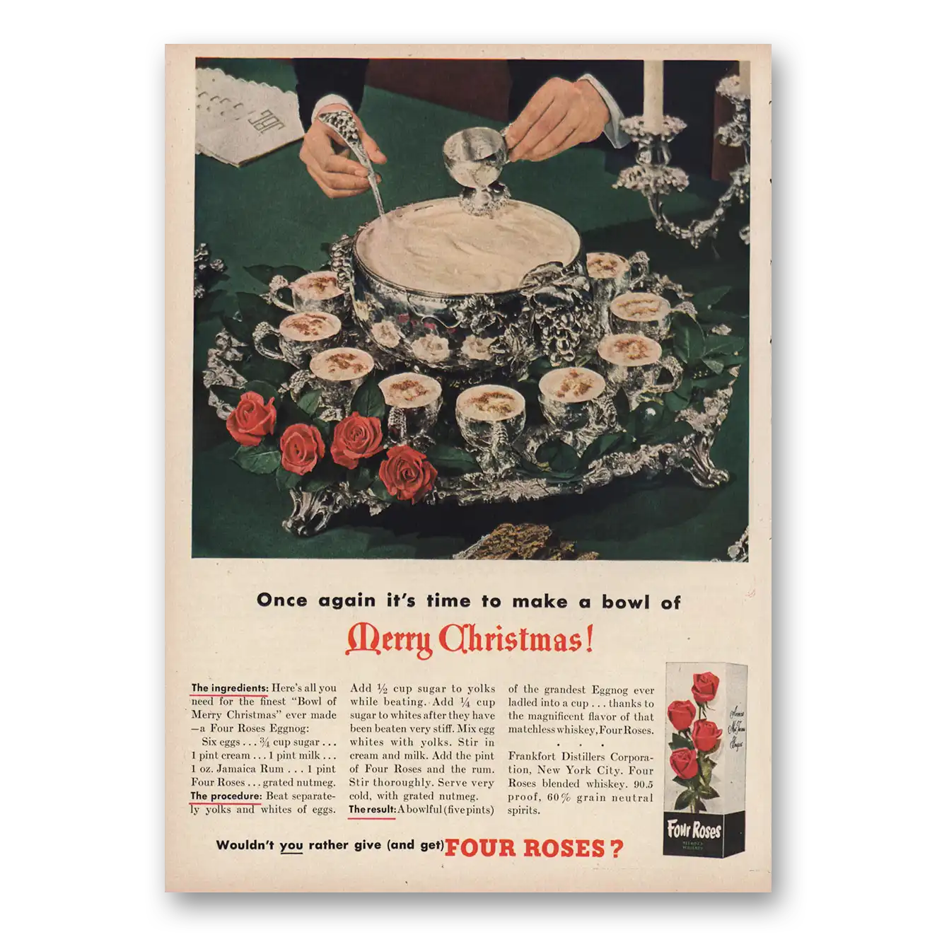 1950 Four Roses Make Bowl of Merry Christmas Vintage Magazine Print Ad