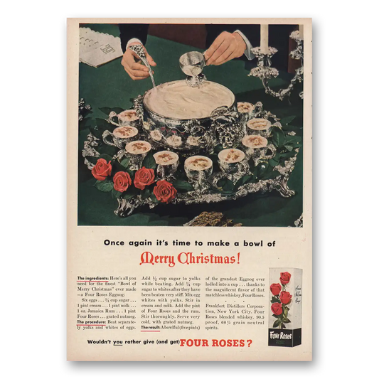 1950 Four Roses Make Bowl of Merry Christmas Vintage Magazine Print Ad