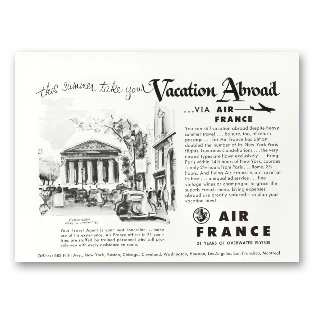 1950 Air France Costs Less to Vacation in Europe Vintage Magazine Print Ad