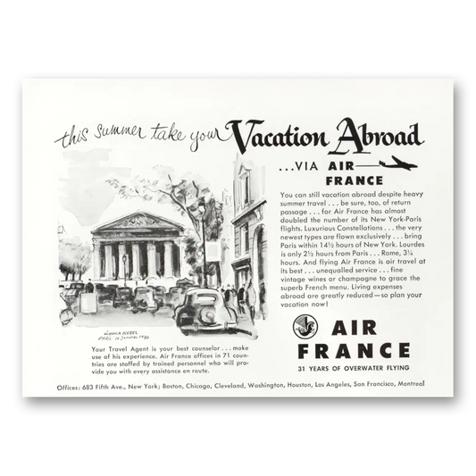 1950 Air France Costs Less to Vacation in Europe Vintage Magazine Print Ad