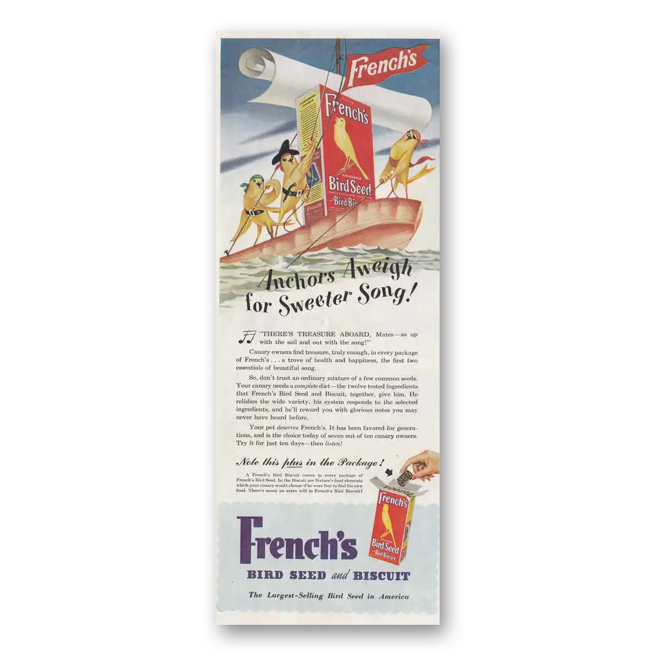 1950 Frenchs Bird Seed Anchors Aweigh for Sweeter Song Vintage Magazine Print Ad