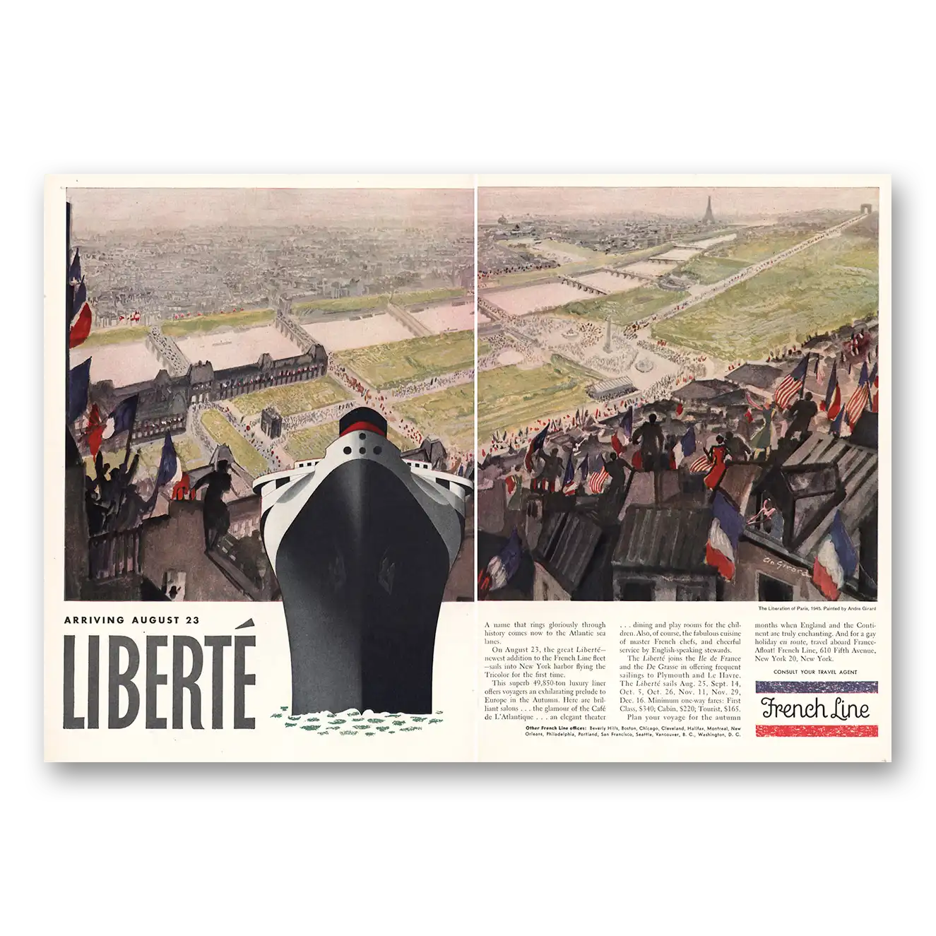 1950 French Line Arriving August 23 Liberte Vintage Magazine Print Ad