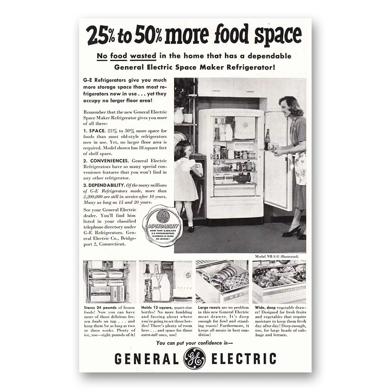 1950 General Electric Refrigerator No Food Wasted Vintage Magazine Print Ad