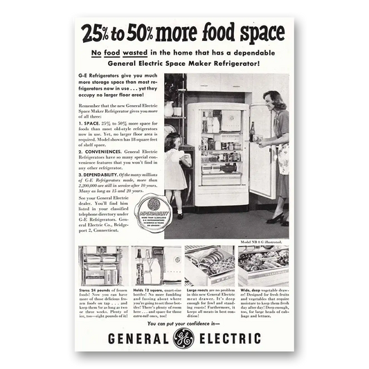 1950 General Electric Refrigerator No Food Wasted Vintage Magazine Print Ad