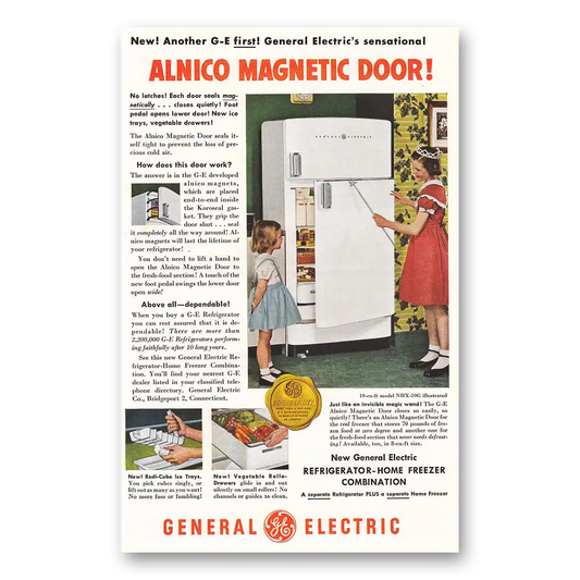 1950 General Electric Refrigerator Alnico Magnetic Door Vintage Magazine Print Ad