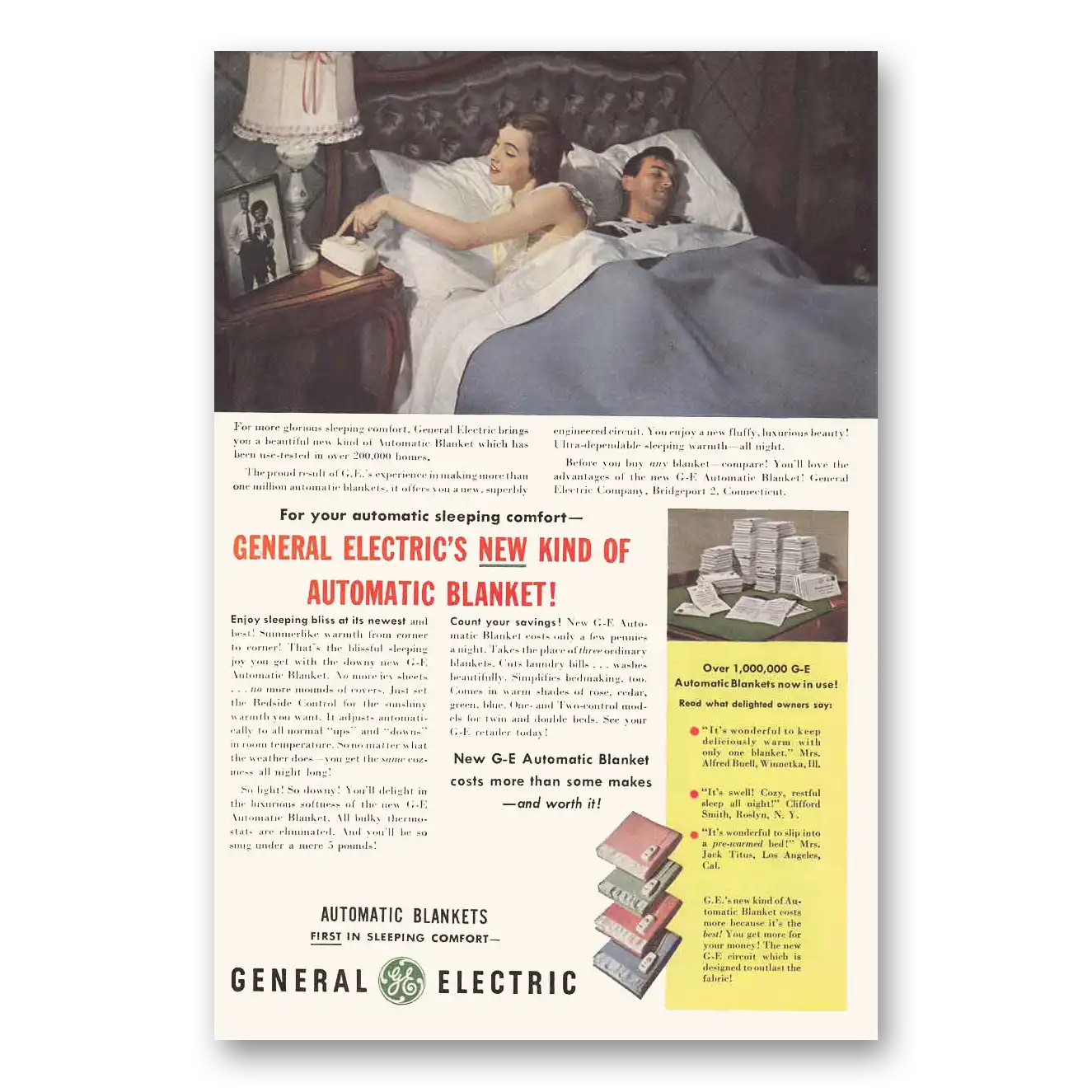 1950 General Electric Blanket Automatic Blankets Glorious Sleeping Comfort Vintage Magazine Print Ad