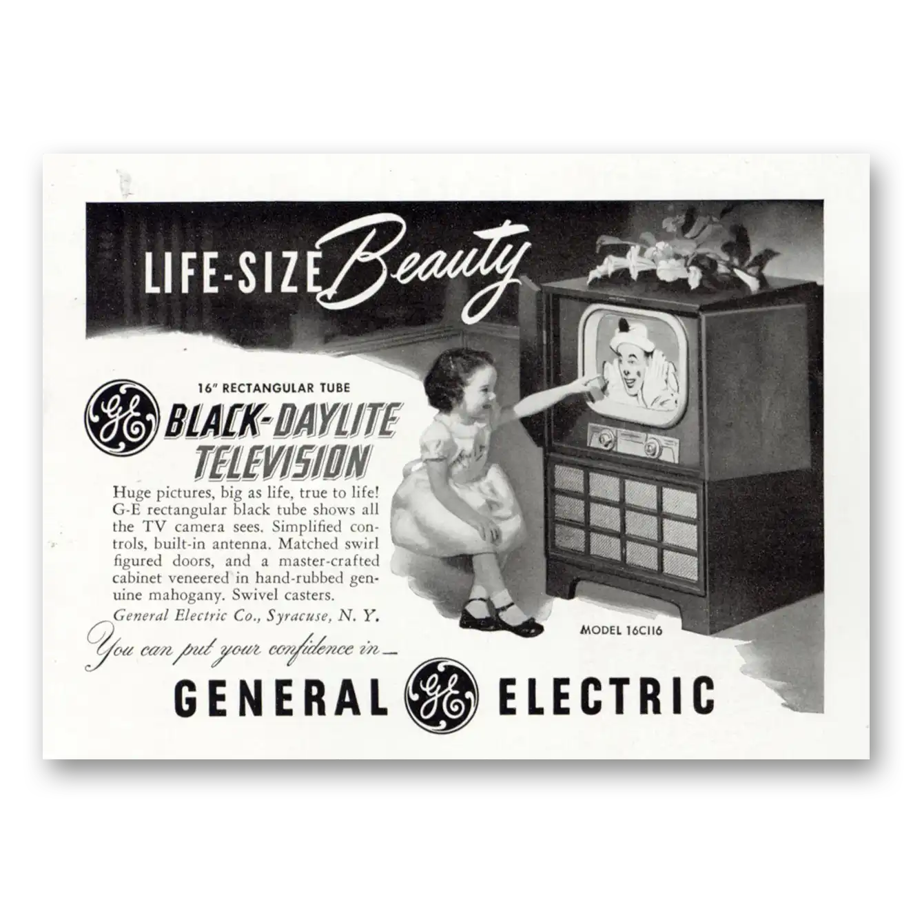 1950 General Electric Television Black Daylite Television Life Size Beauty Vintage Magazine Print Ad