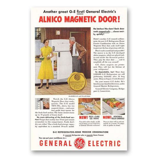 1950 General Electric Refrigerator Alnico Magnetic Vintage Magazine Print Ad