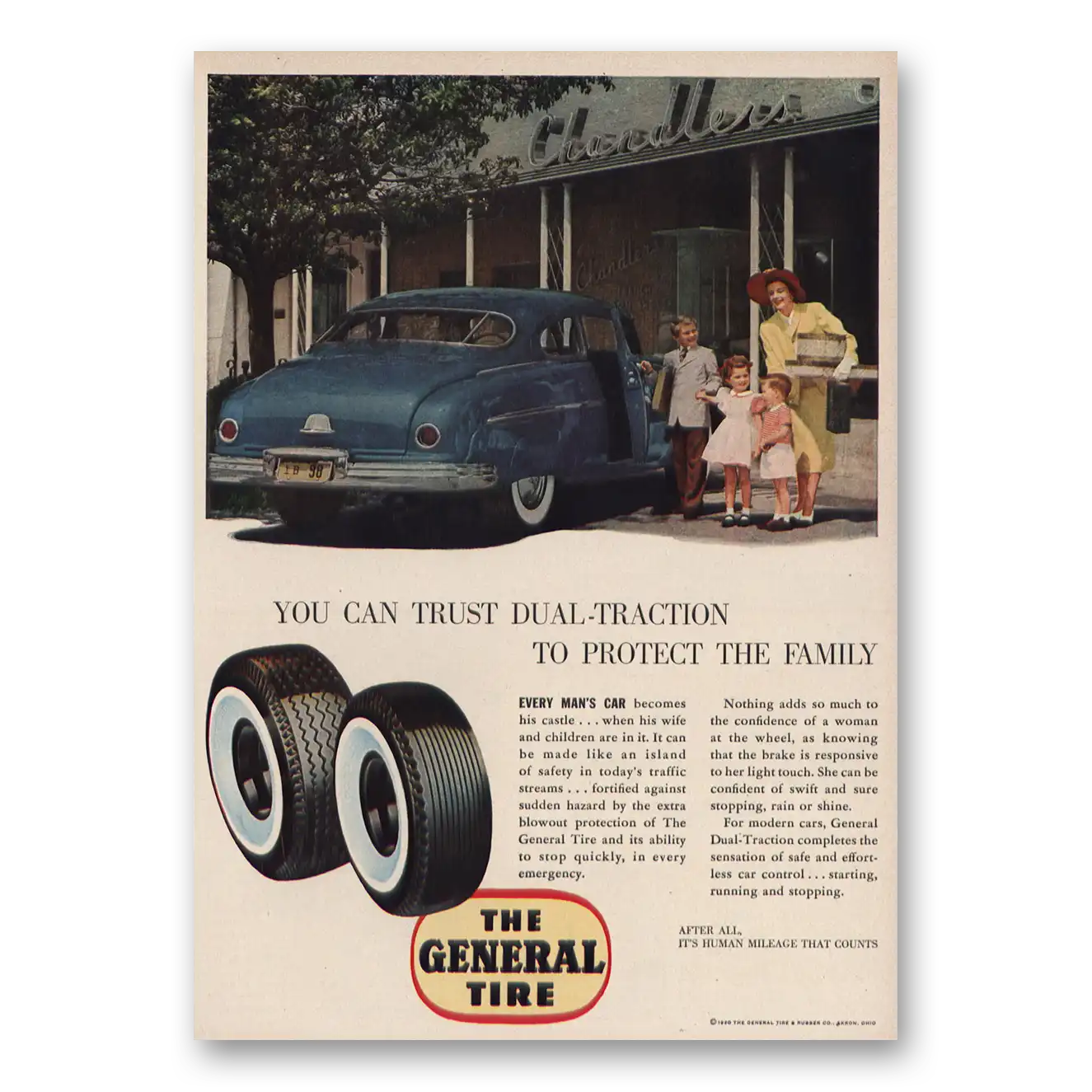 1950 General Tire Dual Traction to Protect Family Vintage Magazine Print Ad