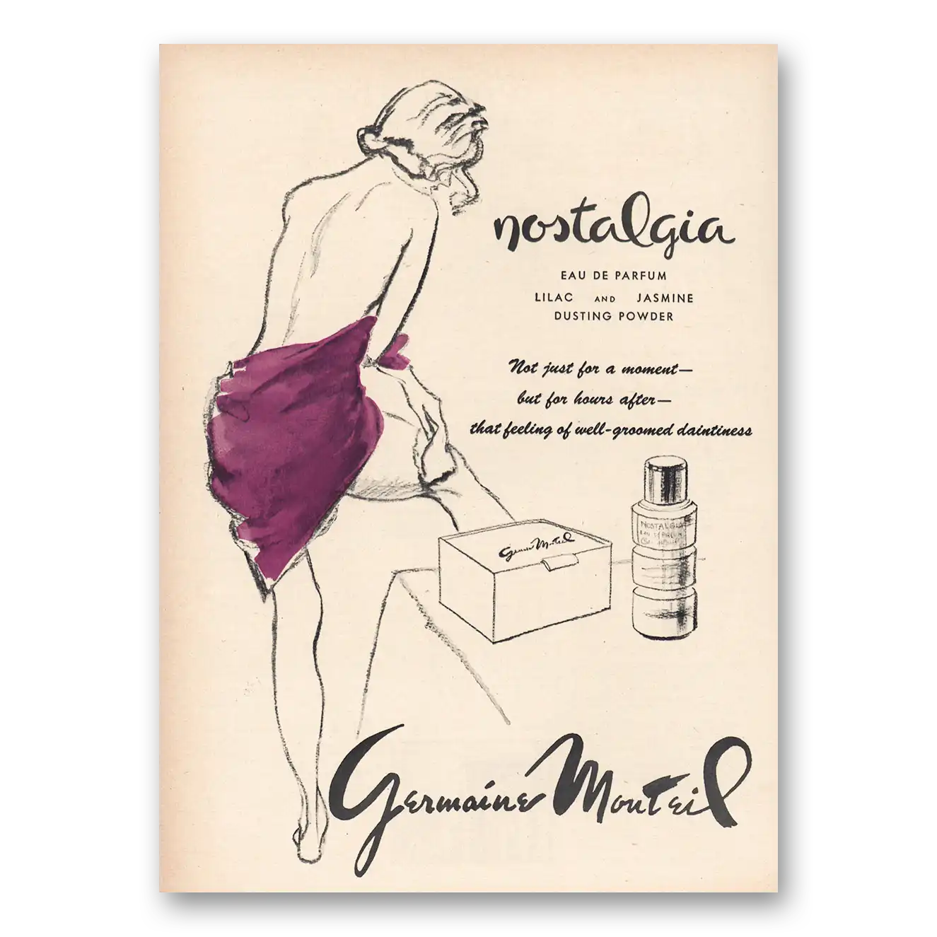 1950 Germaine Monteil Cosmetics Nostalgia Eau de Parfum Vintage Magazine Print Ad