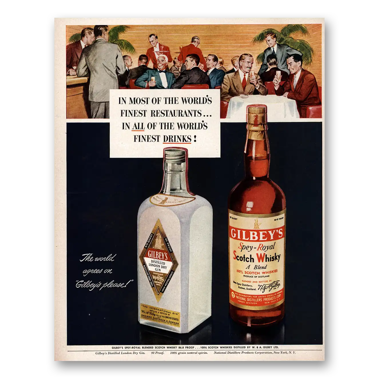 1950 Gilbeys Whisky Most of the Worlds Finest Restaurants Vintage Magazine Print Ad