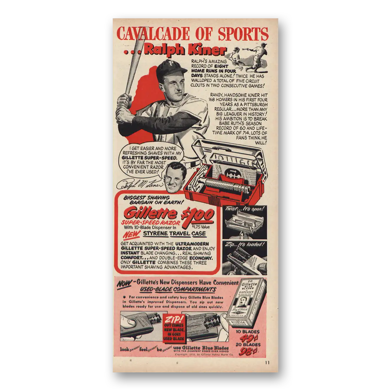 1950 Gillette Razor Ralph Kiner Vintage Magazine Print Ad