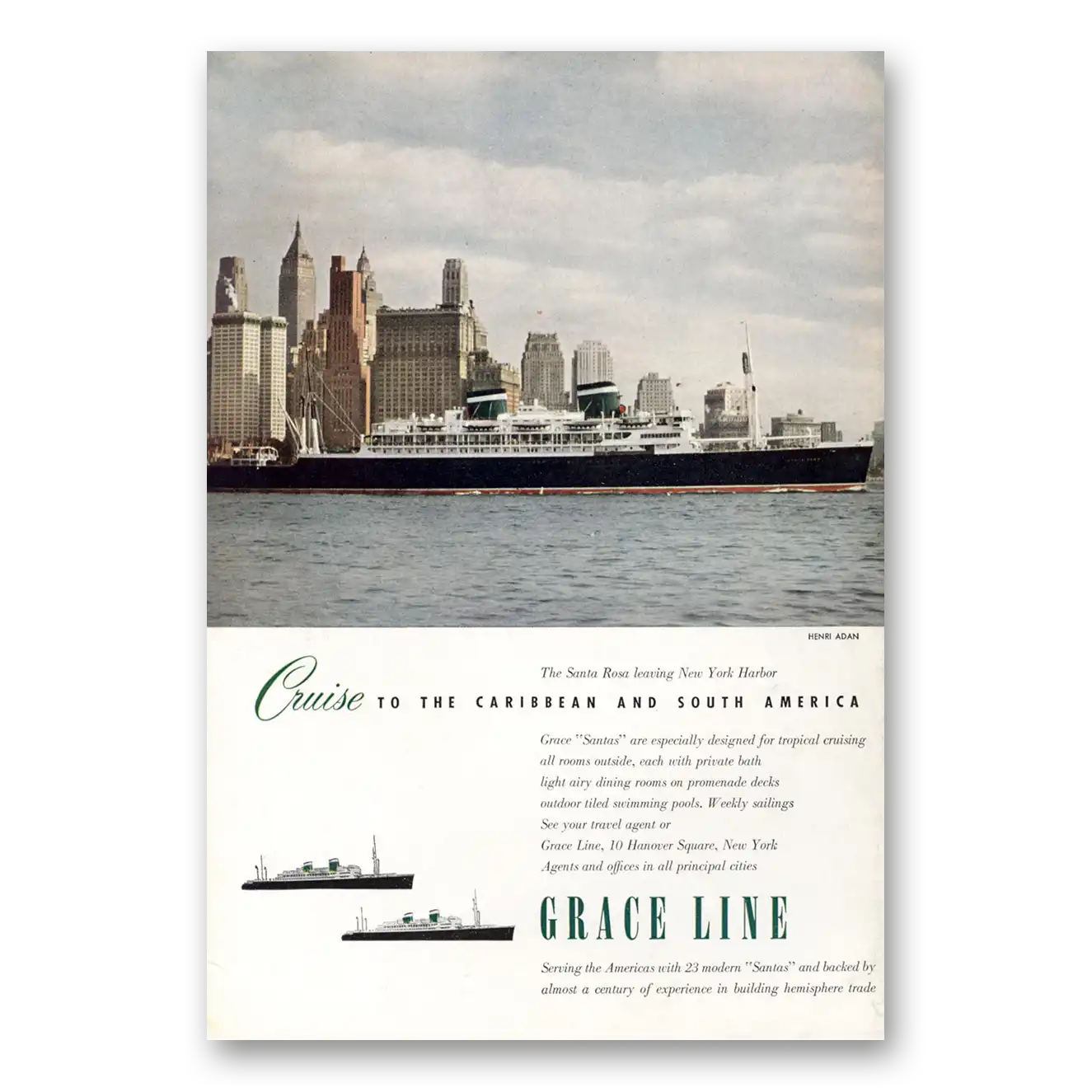 1950 Grace Line Santa Rosa Leaving New York Harbor Vintage Magazine Print Ad