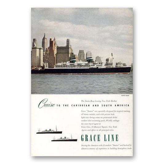 1950 Grace Line Santa Rosa Leaving New York Harbor Vintage Magazine Print Ad