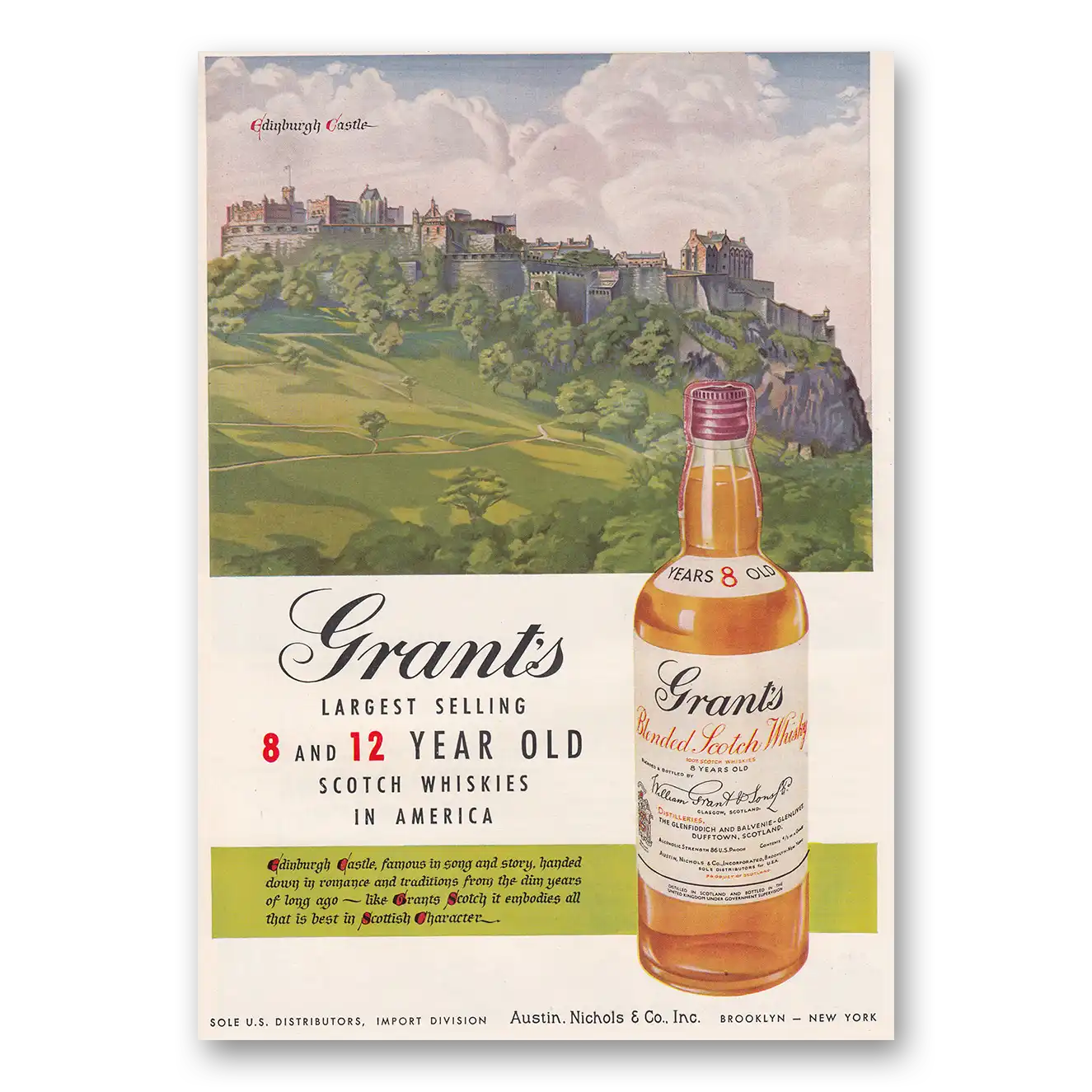 1950 Grants Scotch Whisky Edinburgh Castle 8 and 12 Year Old Vintage Magazine Print Ad