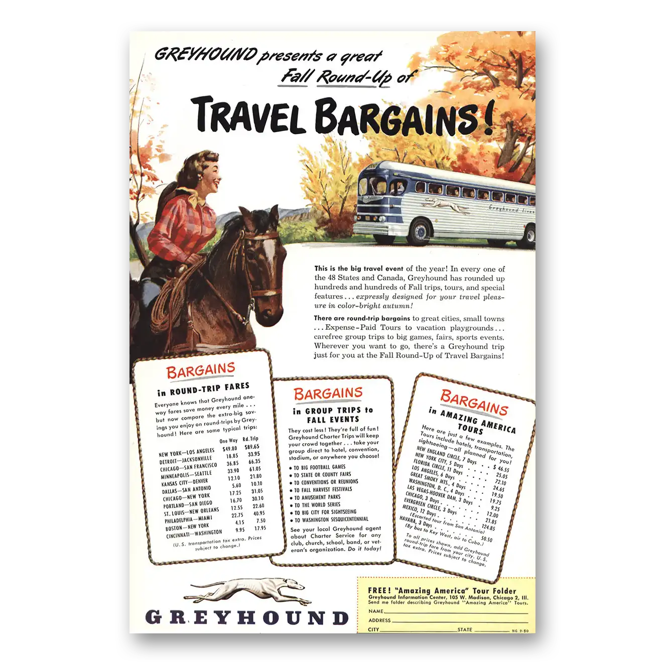 1950 Greyhound Fall Round Up Cowgirl Vintage Magazine Print Ad