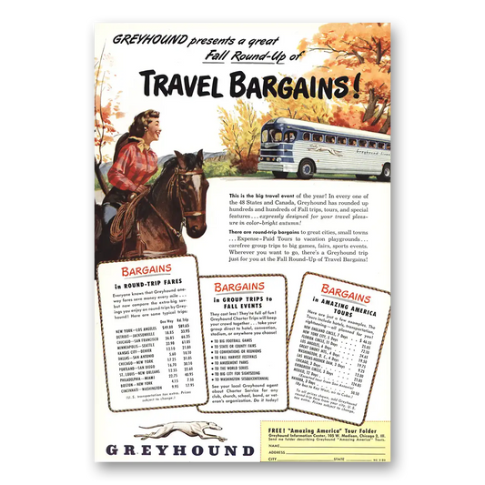 1950 Greyhound Fall Round Up Cowgirl Vintage Magazine Print Ad