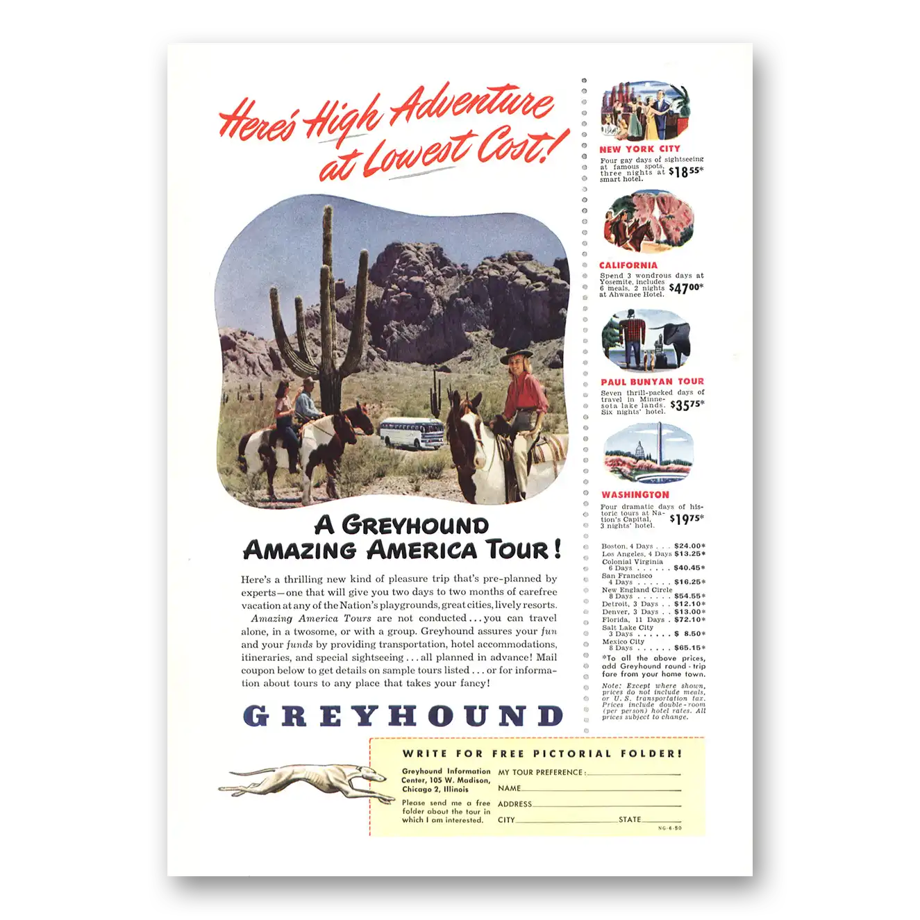 1950 Greyhound High Adventure Vintage Magazine Print Ad