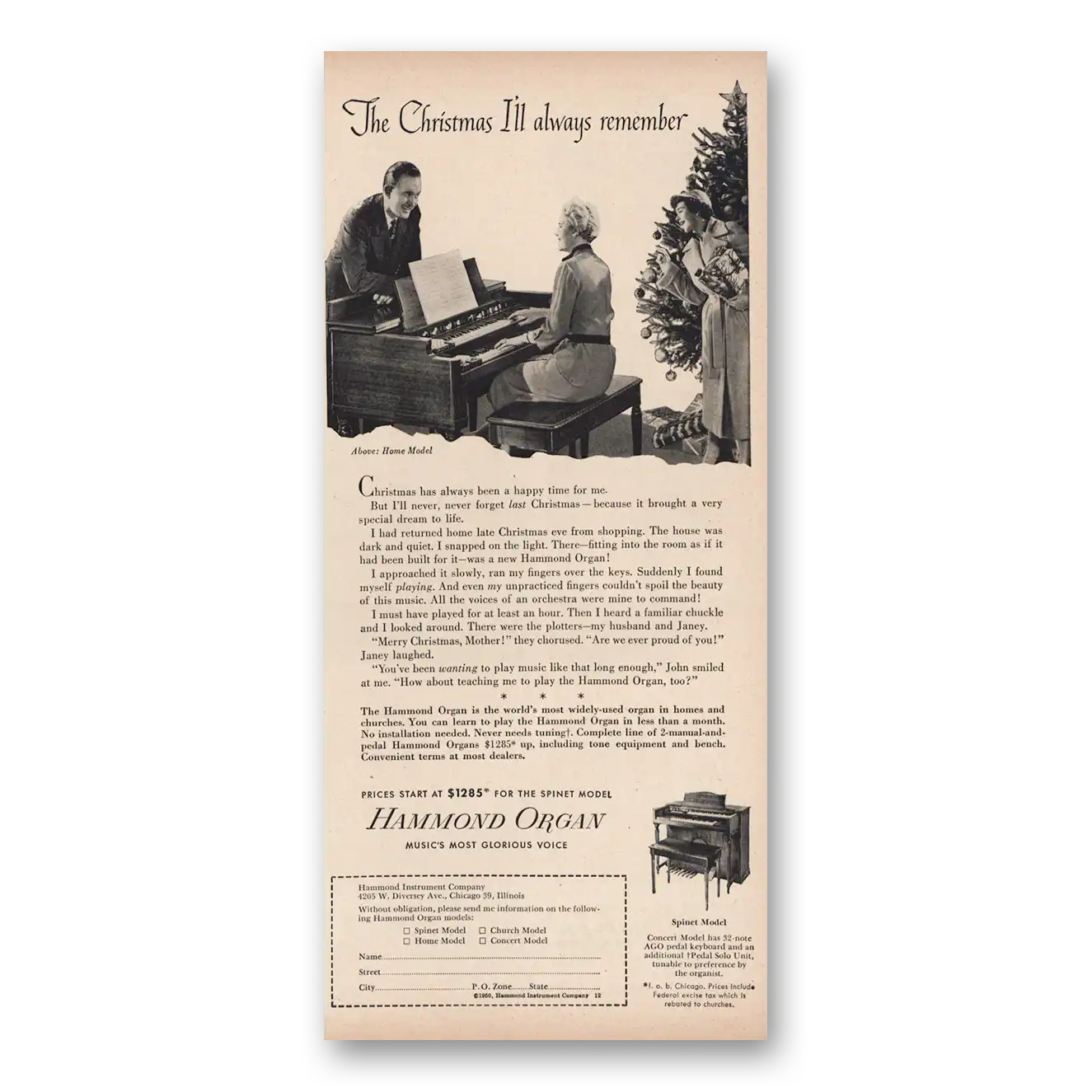 1950 Hammond Organ Christmas Ill Always Remember Vintage Magazine Print Ad