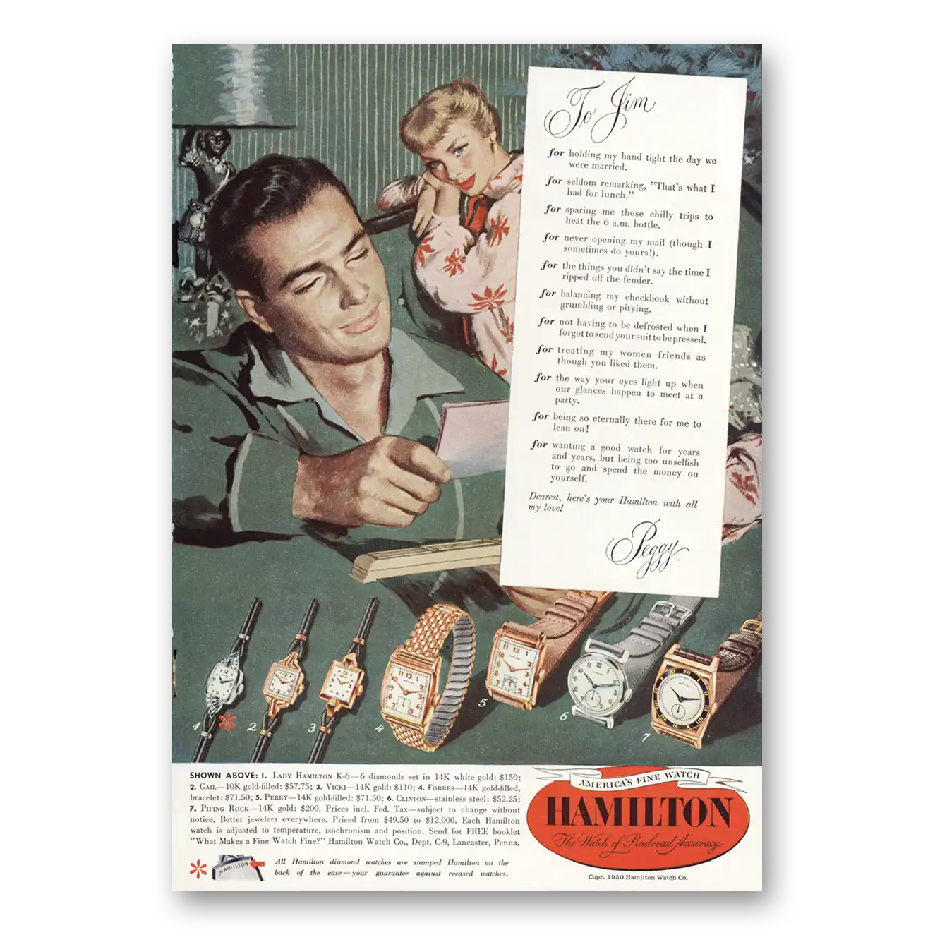 1950 Hamilton Watch To Jim Vintage Magazine Print Ad