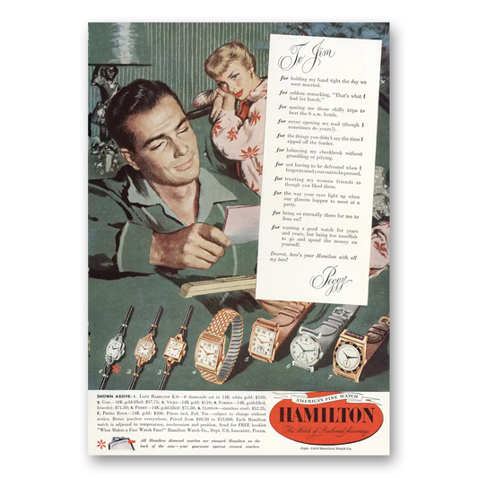 1950 Hamilton Watch To Jim Vintage Magazine Print Ad