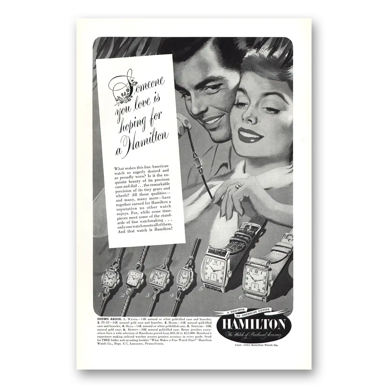 1950 Hamilton Watch Someone You Love Is Hoping Vintage Magazine Print Ad