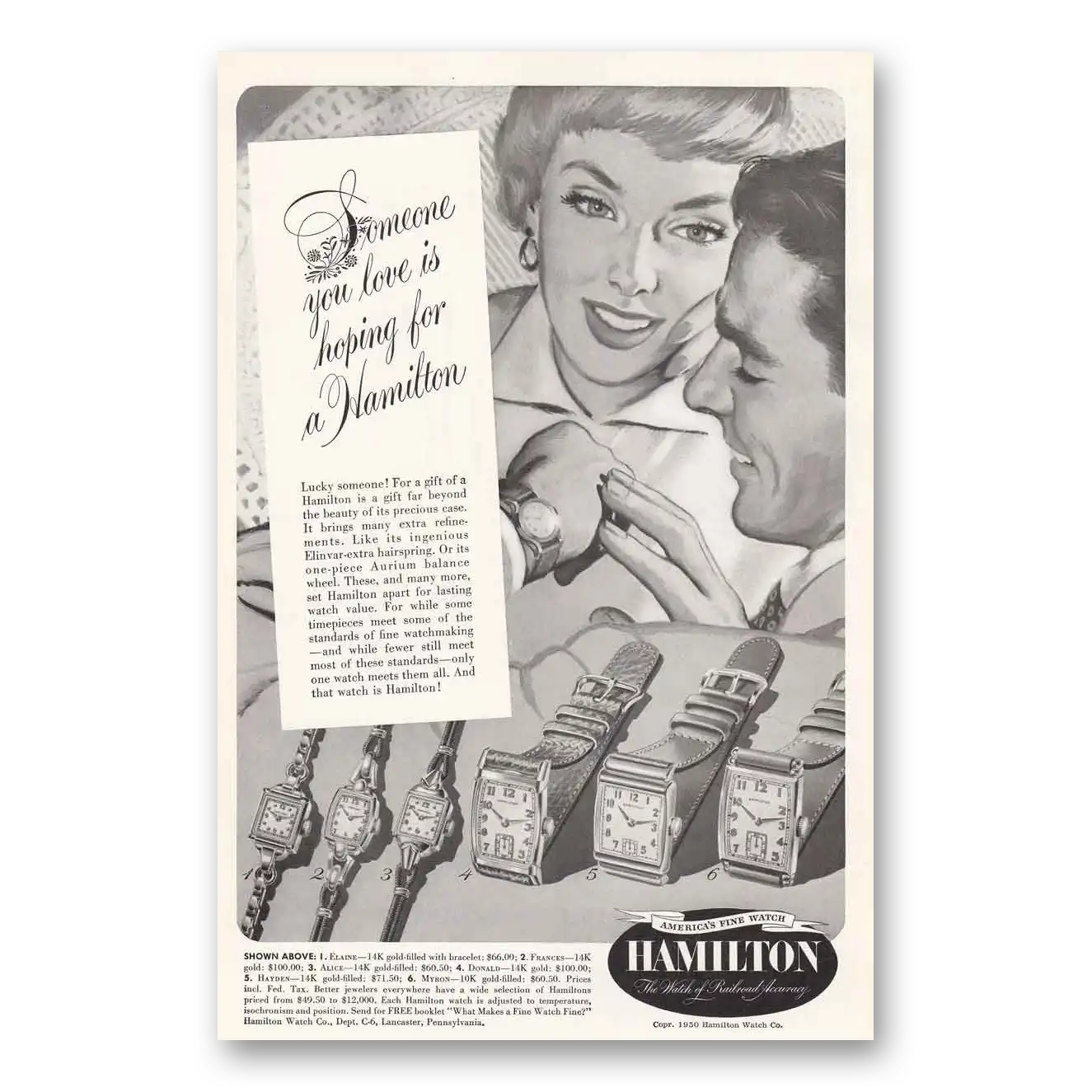 1950 Hamilton Watch Lucky Someone Vintage Magazine Print Ad