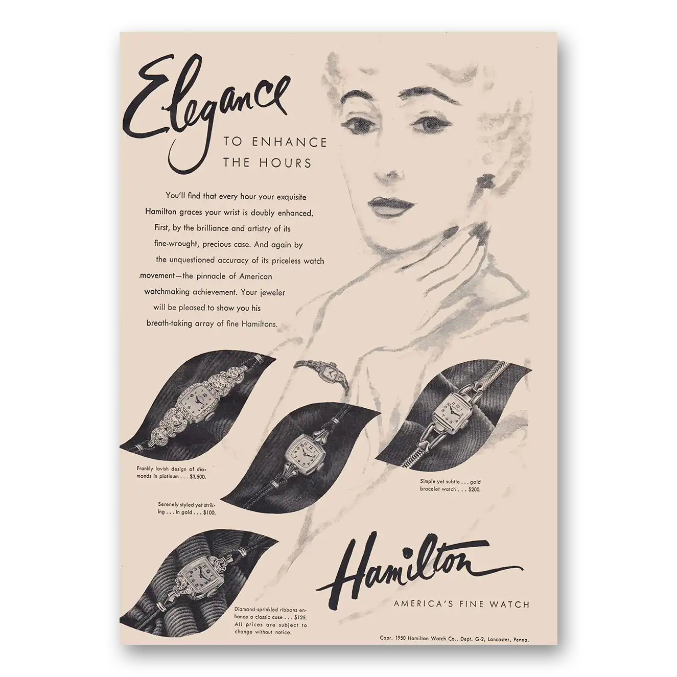 1950 Hamilton Watch Elegance to Enhance the Hours Vintage Magazine Print Ad