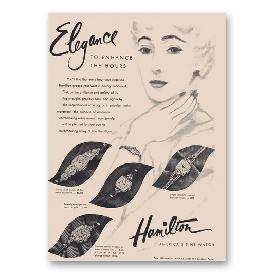 1950 Hamilton Watch Elegance to Enhance the Hours Vintage Magazine Print Ad