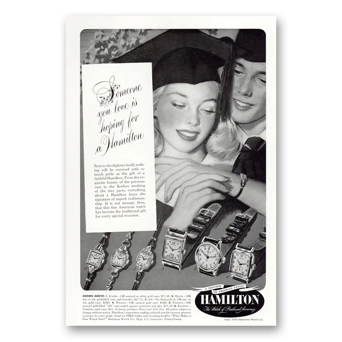 1950 Hamilton Watch Someone You Love Is Hoping Graduate Vintage Magazine Print Ad