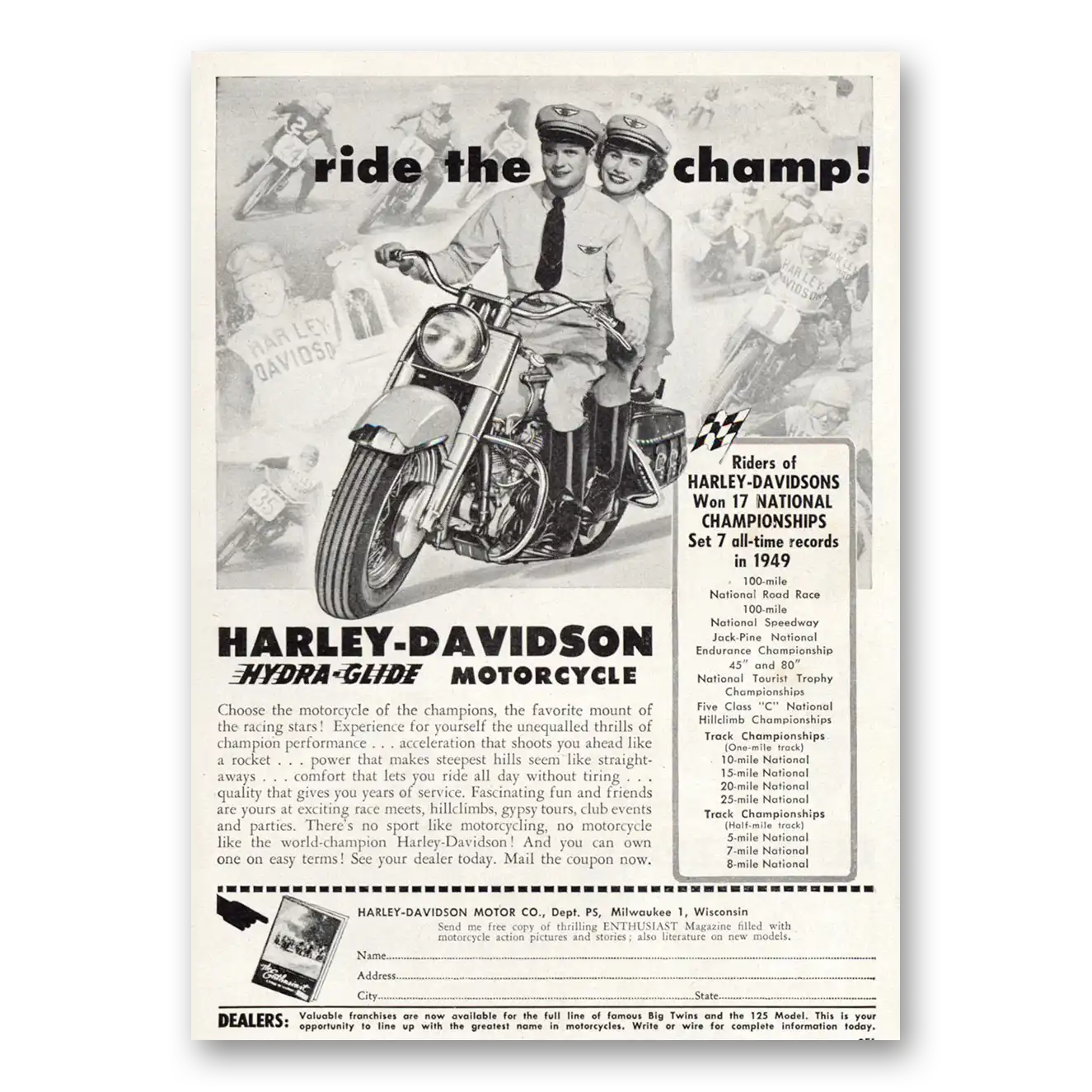 1950 Harley Davidson Ride the Champ Vintage Magazine Print Ad