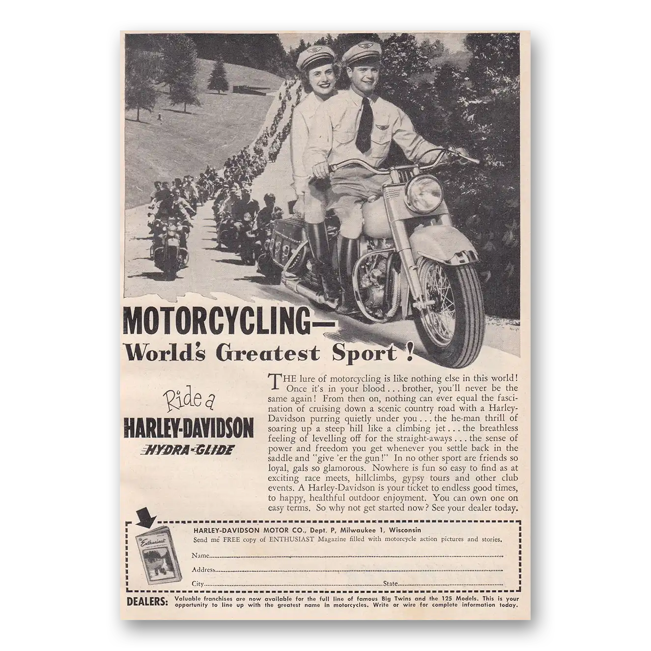 1950 Harley Davidson Hydra Glide Motorcycling Worlds Greatest Sport Vintage Magazine Print Ad