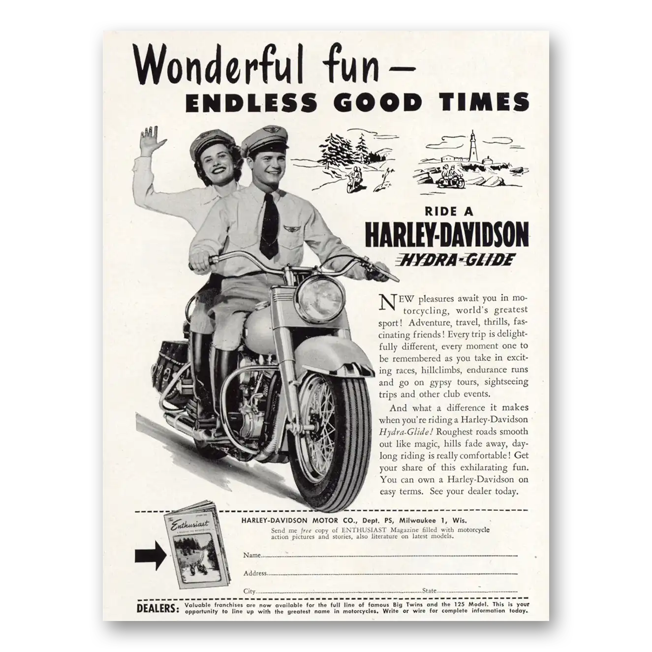 1950 Harley Davidson Wonderful Fun Endless Good Times Vintage Magazine Print Ad