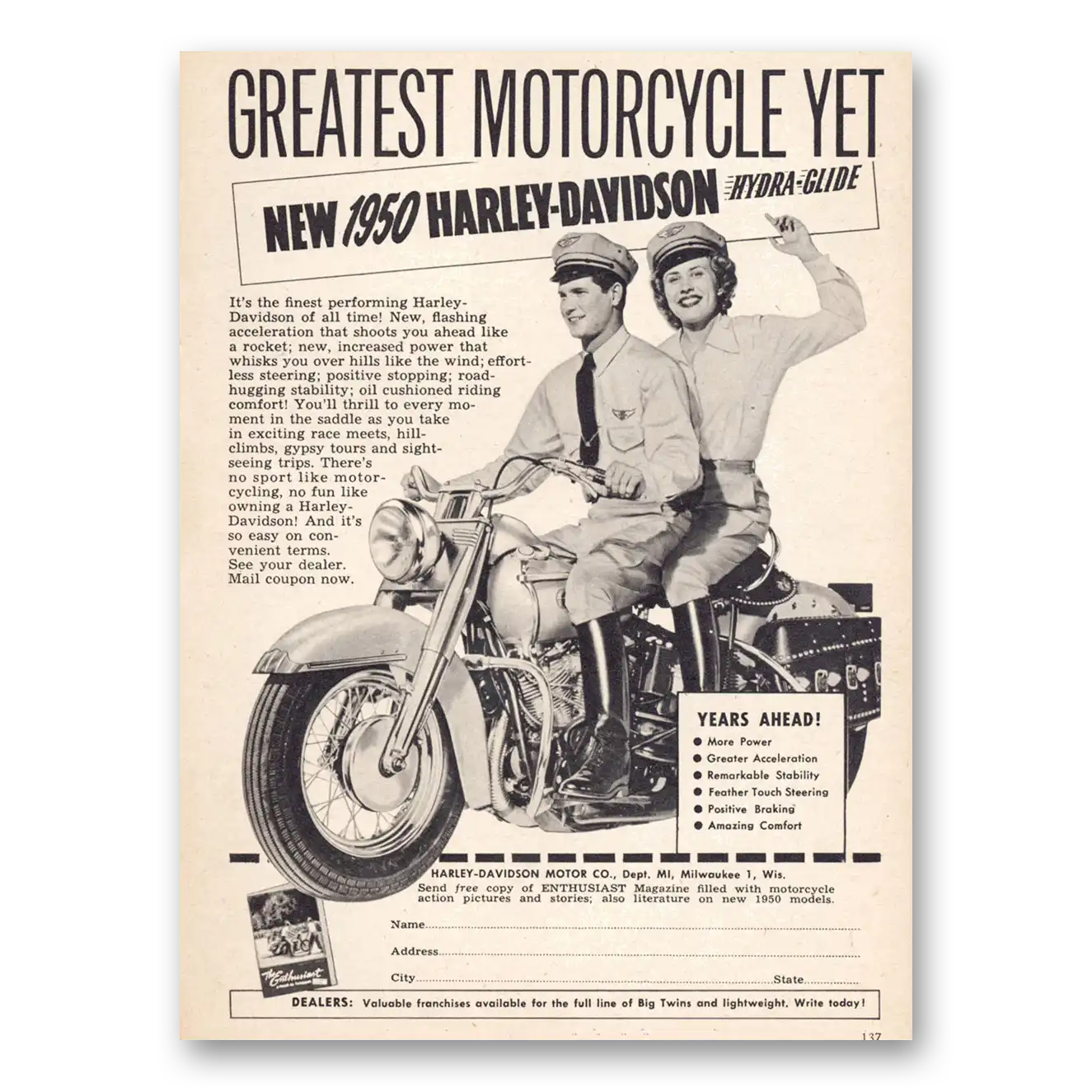 1950 Harley Davidson Greatest Motorcycle Yet Vintage Magazine Print Ad