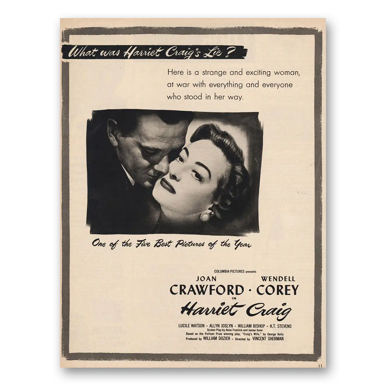 1950 Harriet Craig Movie Promo Joan Crawford and Wendell Corey Vintage Magazine Print Ad