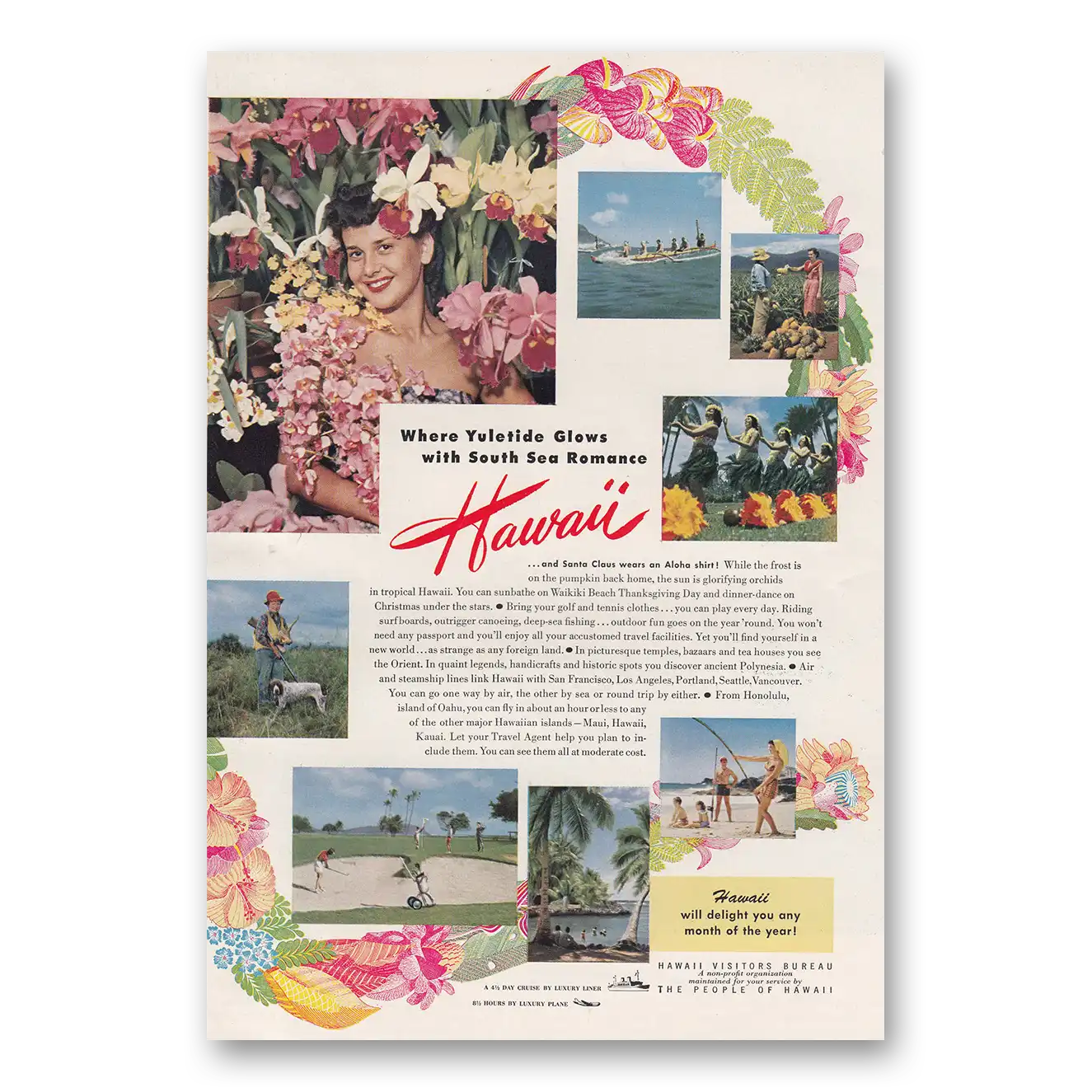 1950 Hawaii Where Yuletide Glows With South Sea Romance Vintage Magazine Print Ad