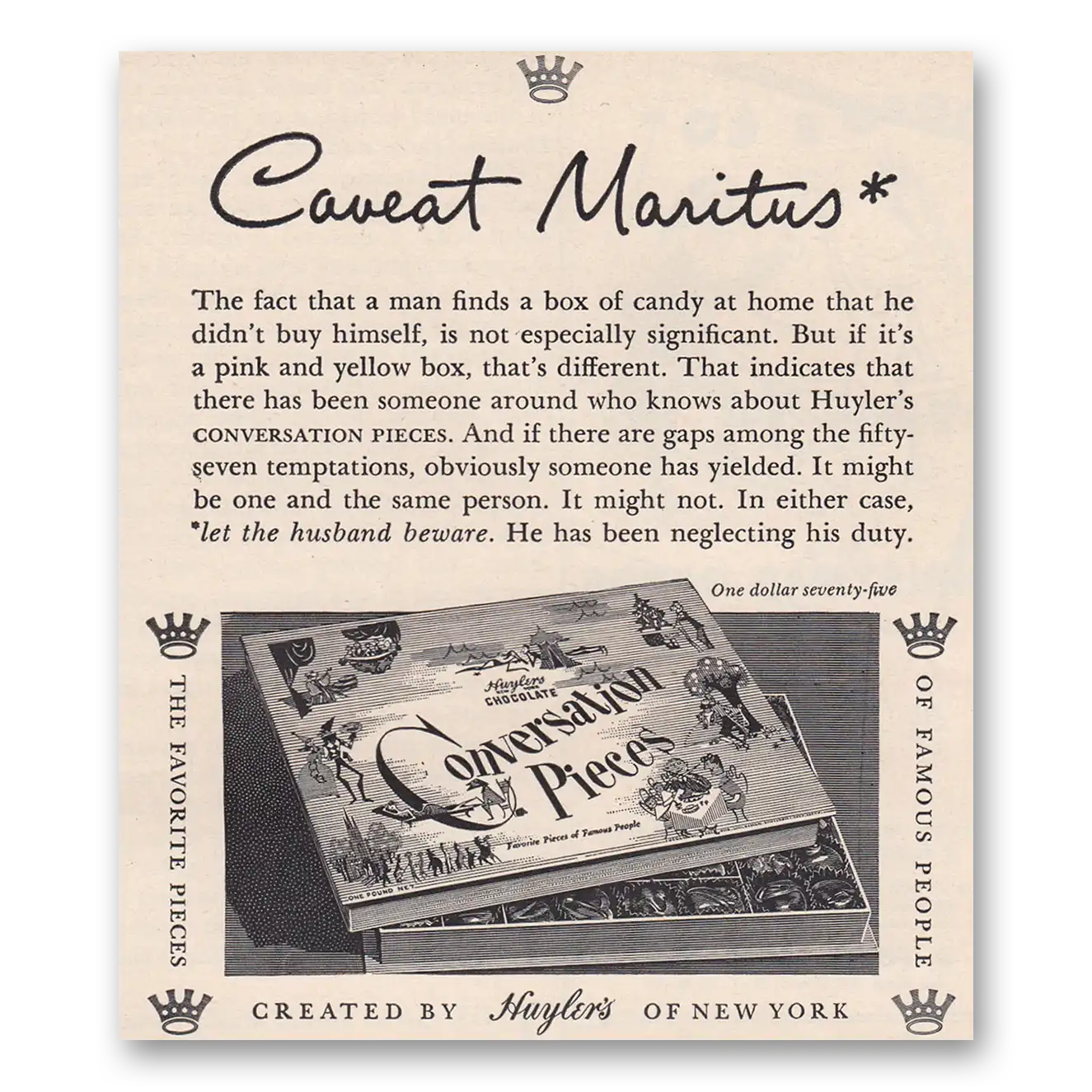 1950 Huylers Candy Conversation Pieces Caveat Maritus Vintage Magazine Print Ad