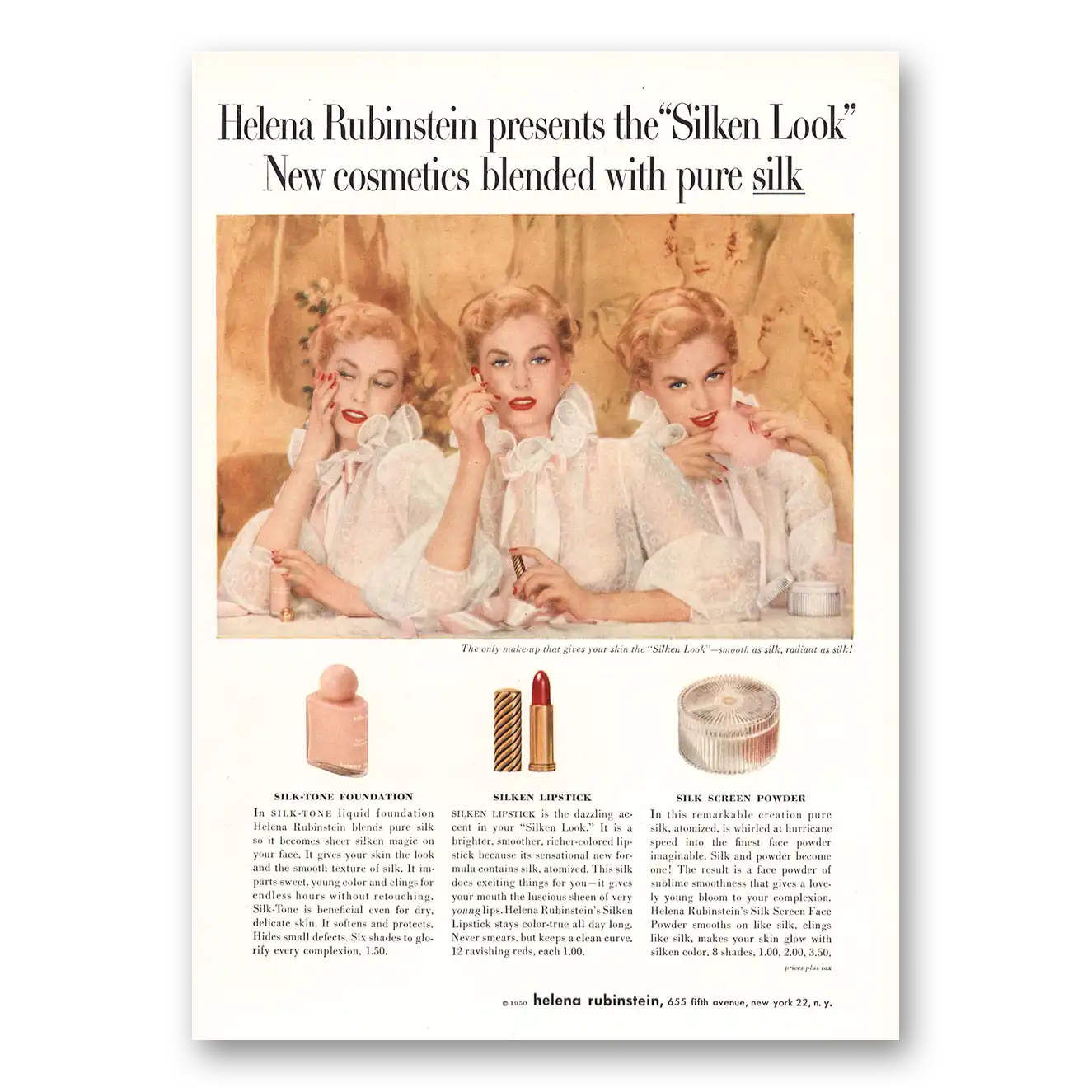 1950 Helena Rubinstein Cosmetics Silken Look Cosmetics Vintage Magazine Print Ad