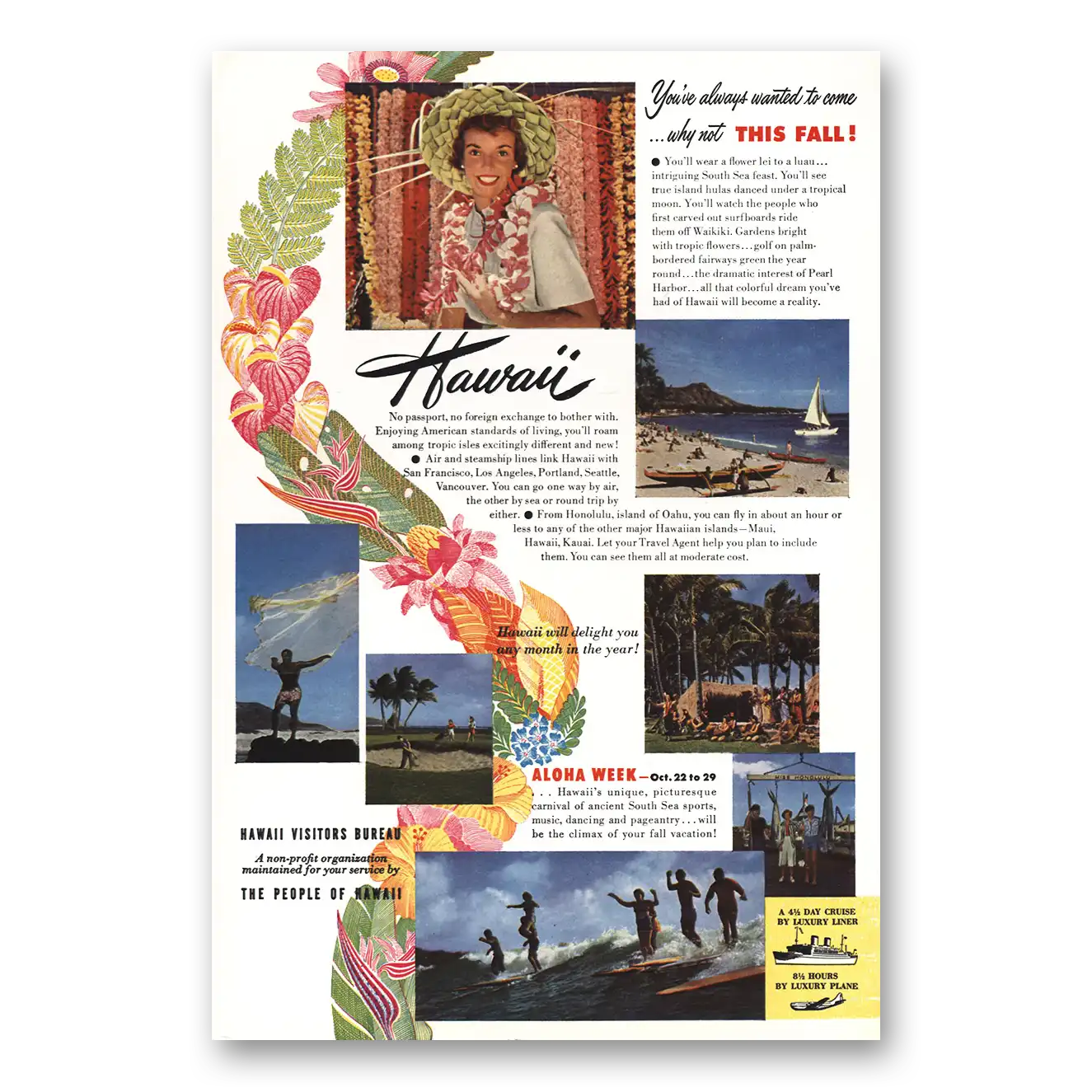 1950 Hawaii Why Not This Fall Vintage Magazine Print Ad