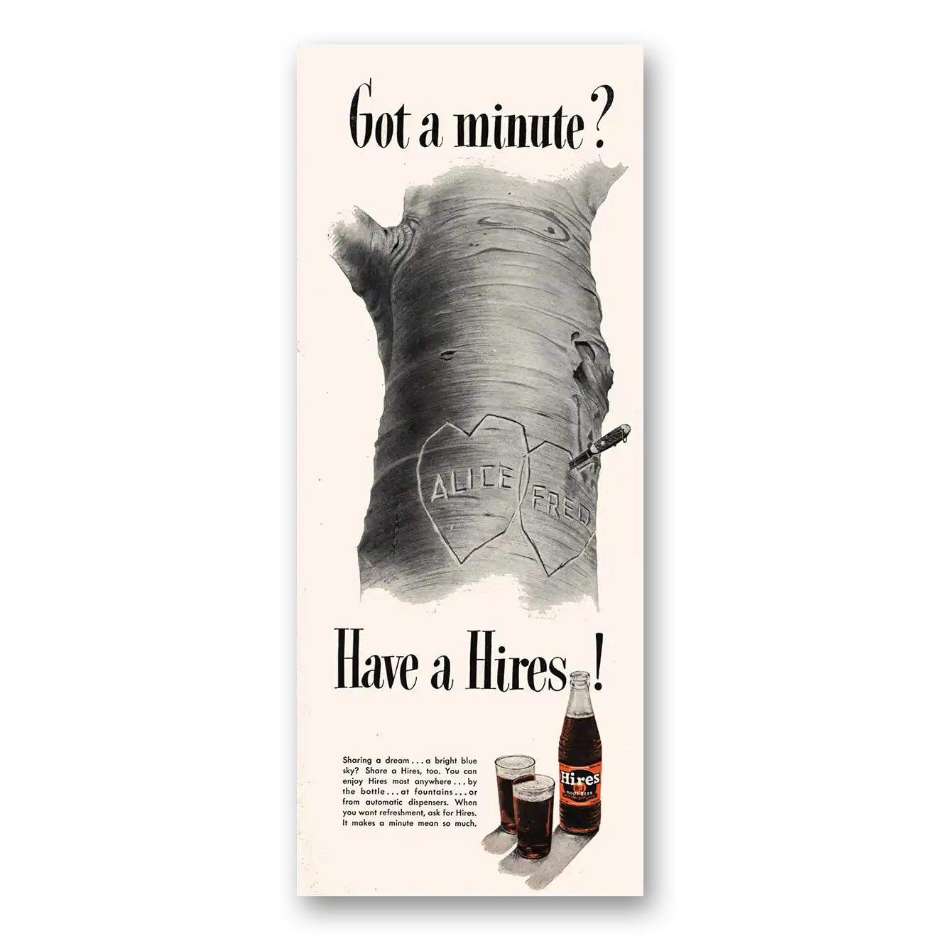 1950 Hires Root Beer Got A Minute Tree Carving Vintage Magazine Print Ad