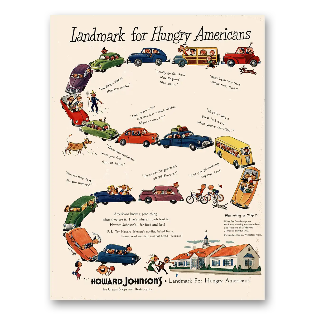 1950 Howard Johnson Landmark for Hungry Americans Vintage Magazine Print Ad