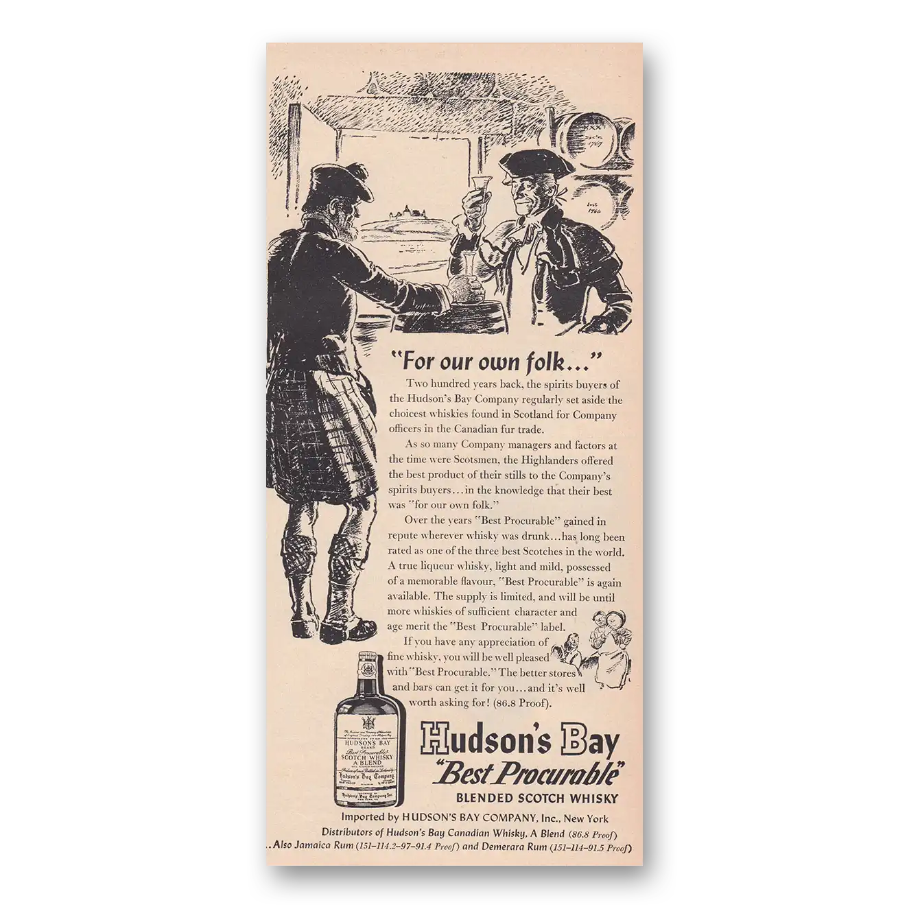 1950 Hudsons Bay Whisky For Your Own Folk Vintage Magazine Print Ad