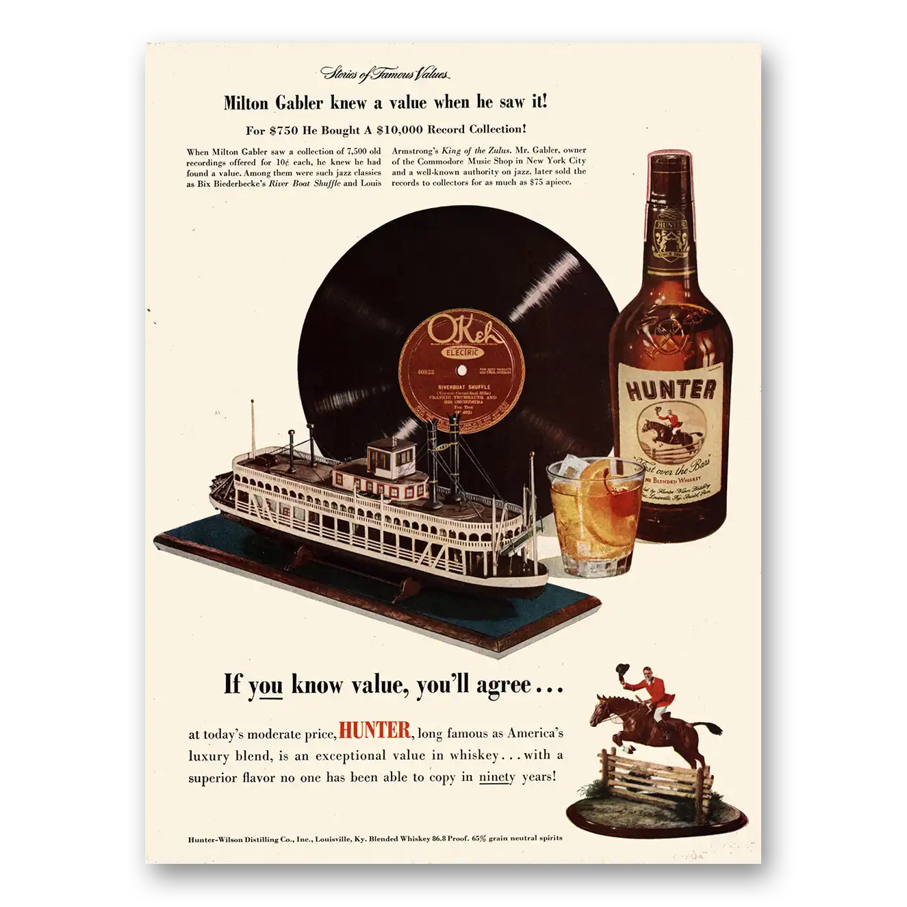 1950 Hunter Whiskey Milton Gabler Knew a Value Vintage Magazine Print Ad