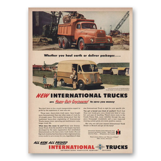 1950 International Trucks Haul Earth or Deliver Packages Vintage Magazine Print Ad