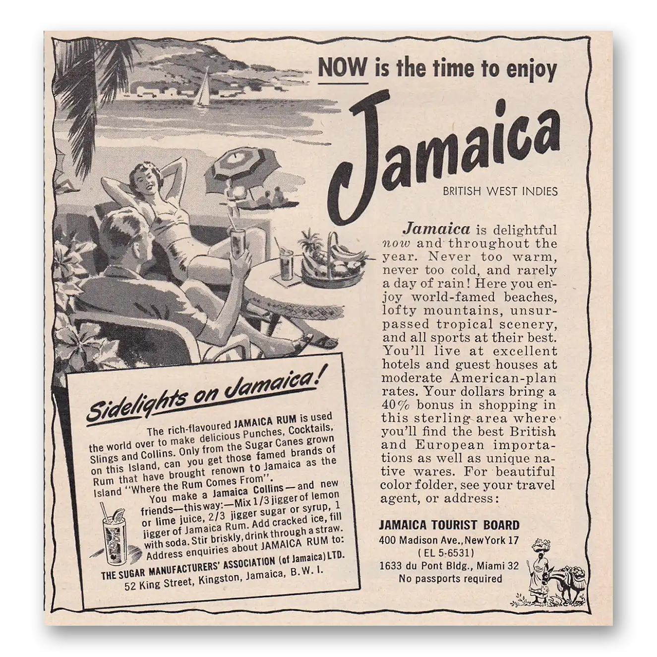 1950 Jamaica Now Is the Time to Enjoy Vintage Magazine Print Ad