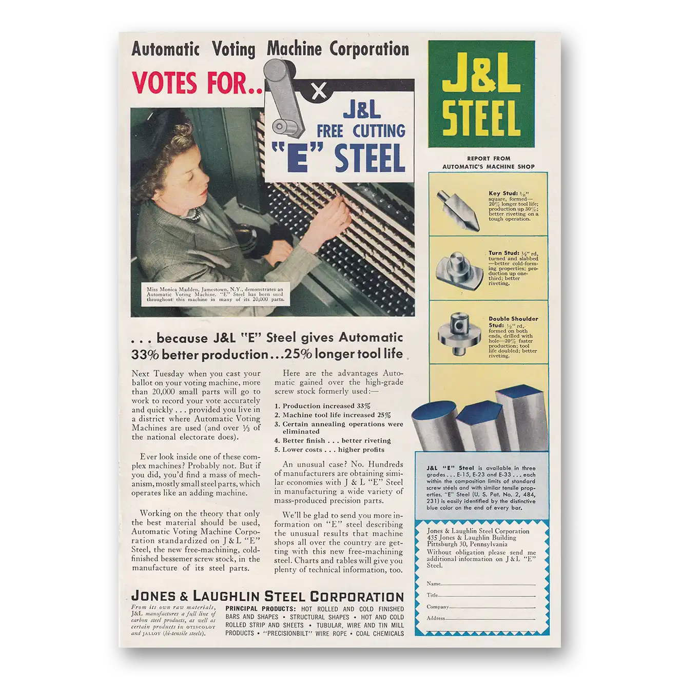 1950 Jones and Laughlin Steel Automatic Voting Machine Vintage Magazine Print Ad