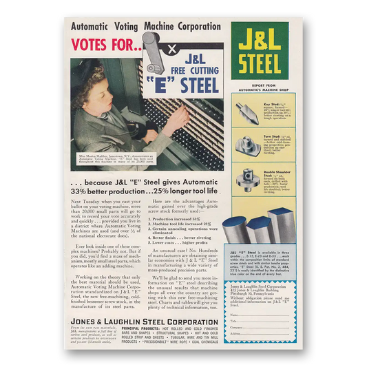 1950 Jones and Laughlin Steel Automatic Voting Machine Vintage Magazine Print Ad