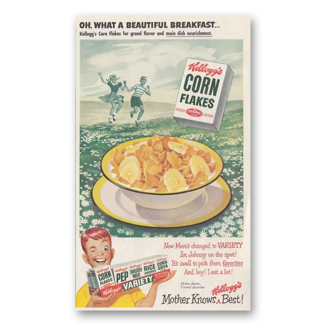 1950 Kelloggs Corn Flakes Oh What a Beautiful Breakfast Vintage Magazine Print Ad