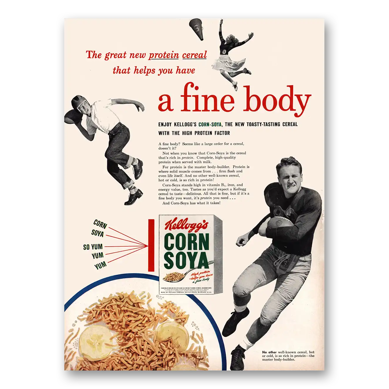 1950 Kelloggs Corn Soya Cereal Fine Body Vintage Magazine Print Ad