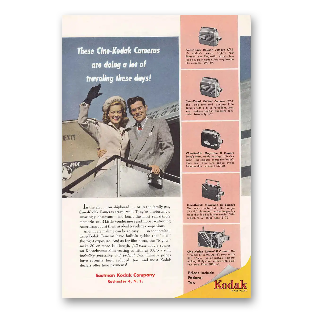 1950 Cine Kodak Camera Lot of Traveling These Days Pan Am Vintage Magazine Print Ad